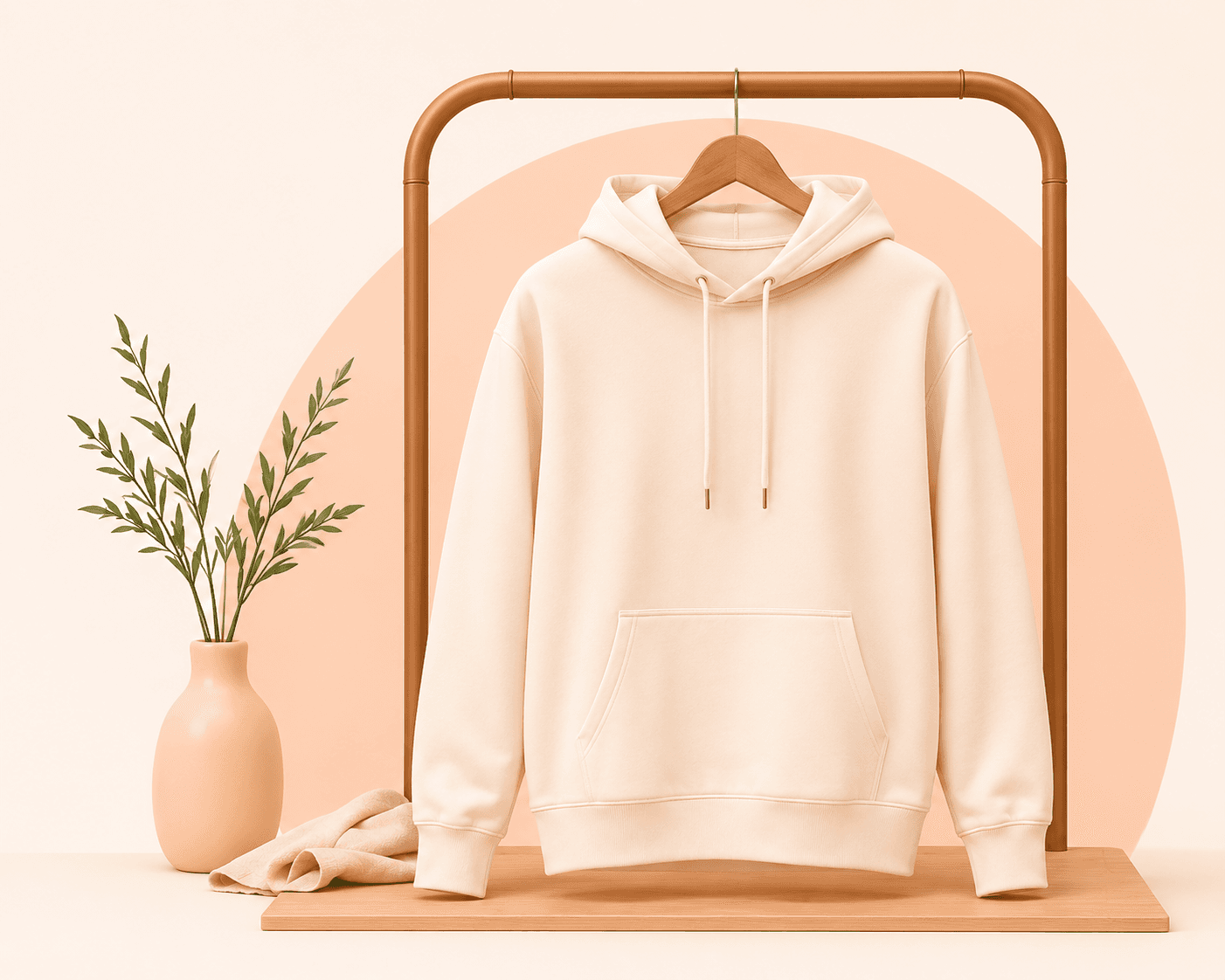 Premium hoodie on wooden rack with plant