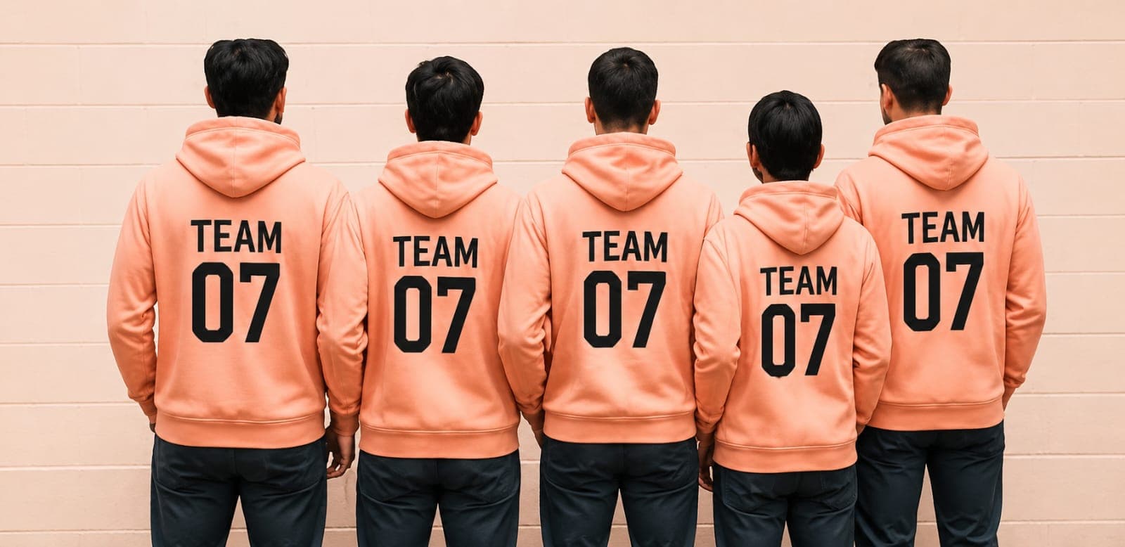 Team wearing matching peach TEAM 07 hoodies